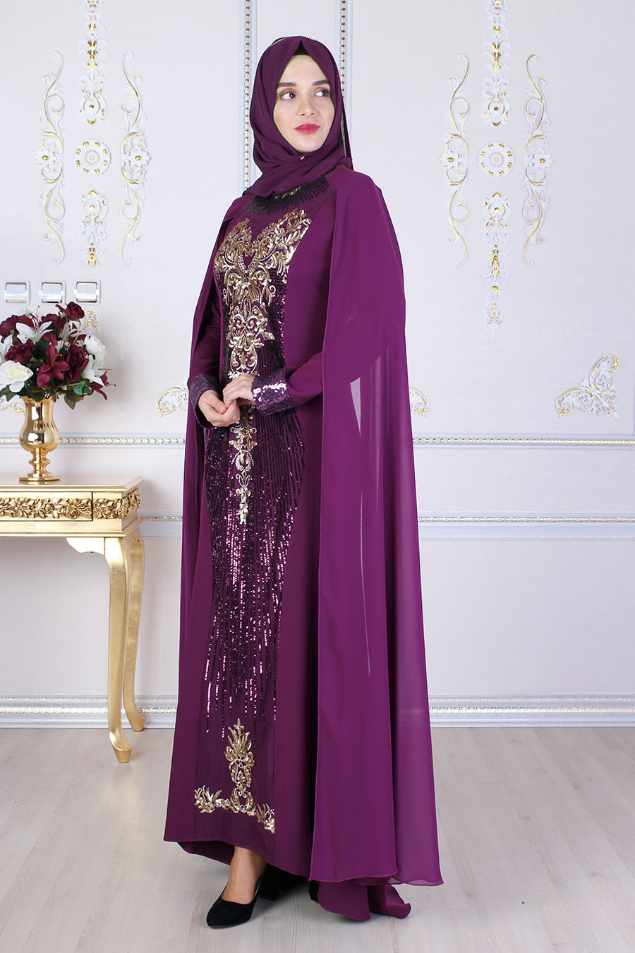 SEQUIN DETAILED PURPLE EVENING DRESS