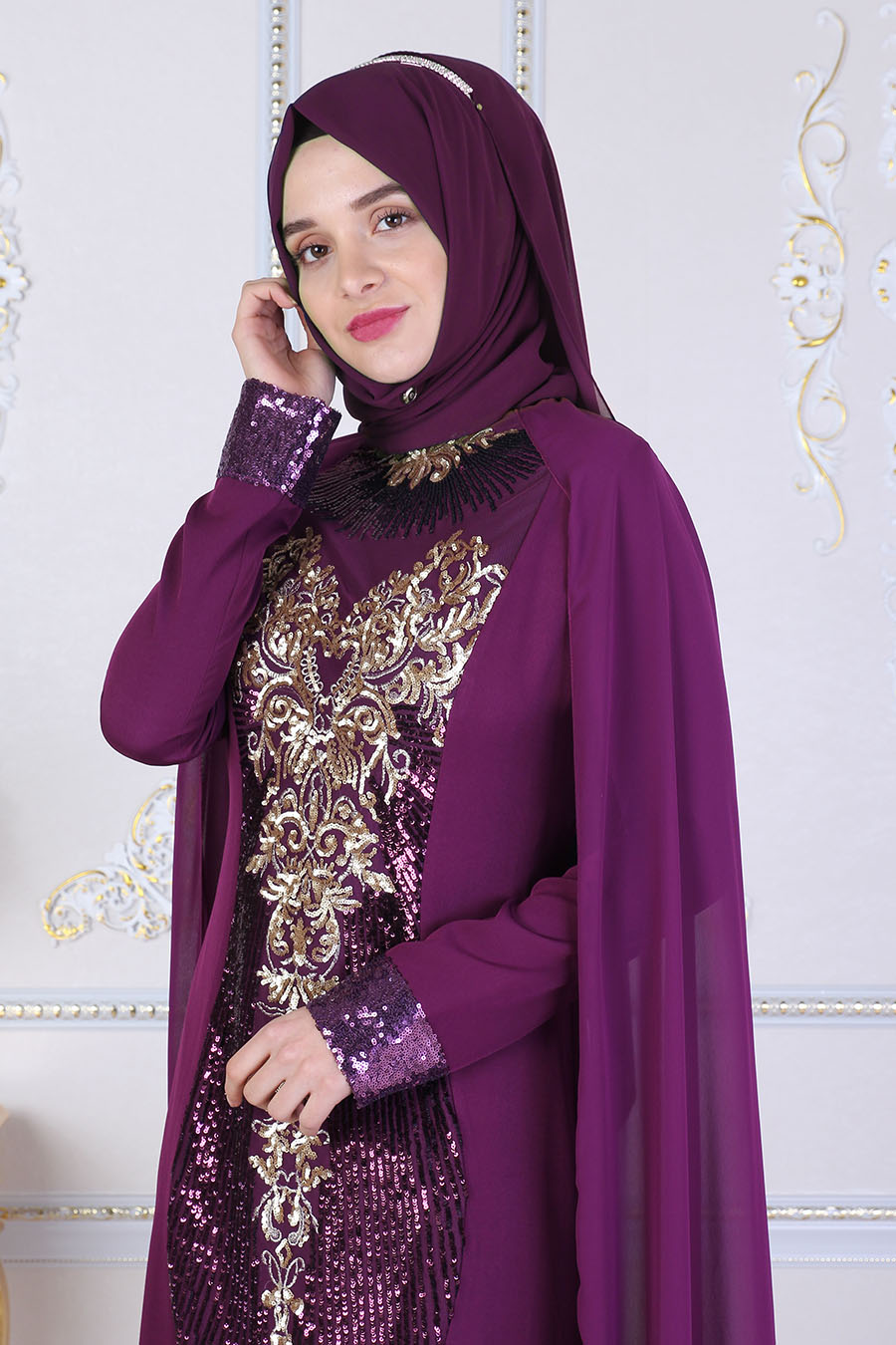 SEQUIN DETAILED PURPLE EVENING DRESS