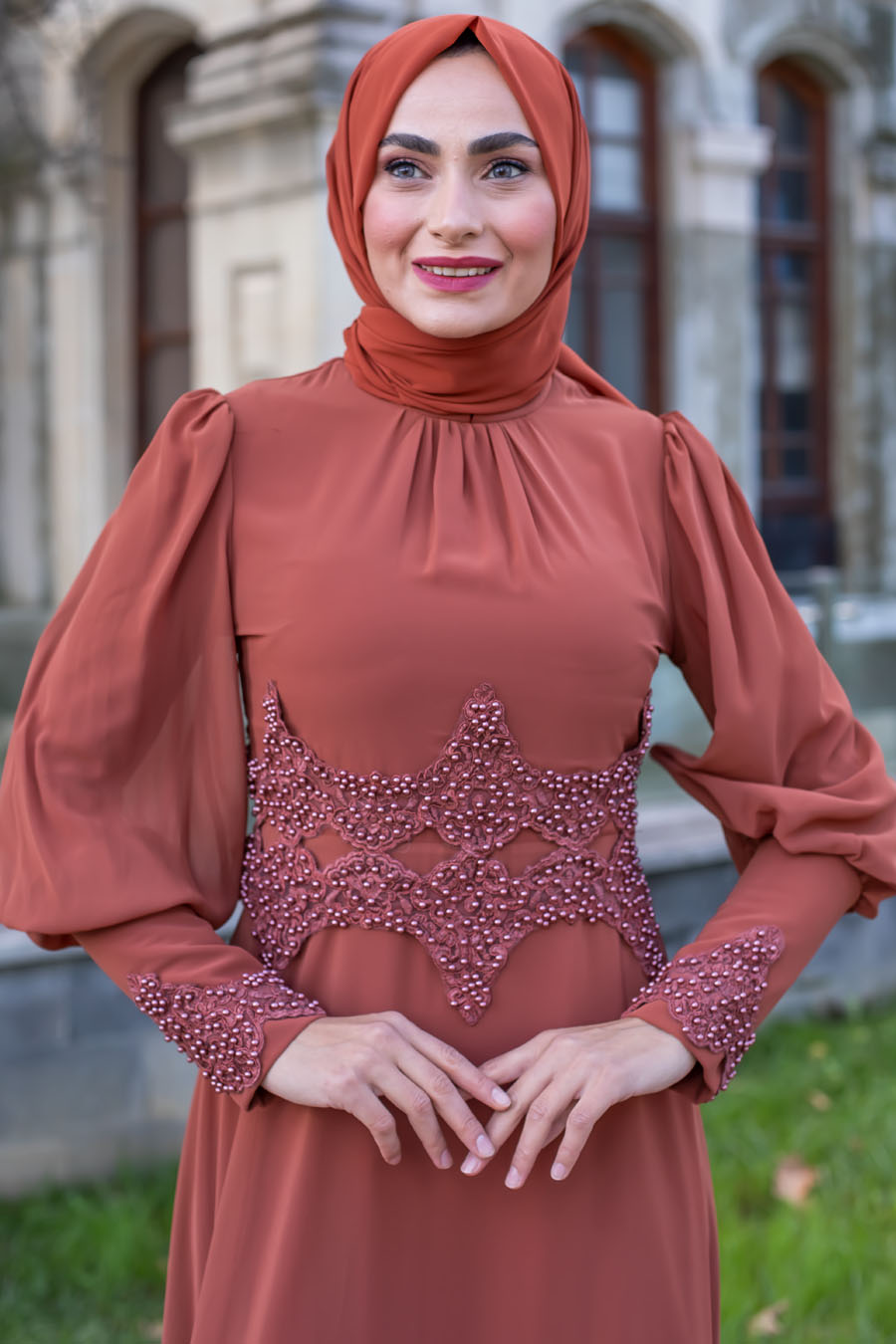 BRICK COLOR EVENING DRESS 