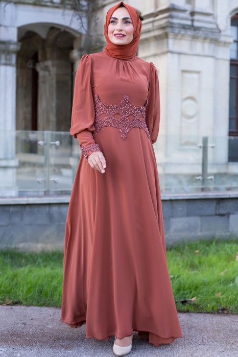 BRICK COLOR EVENING DRESS 