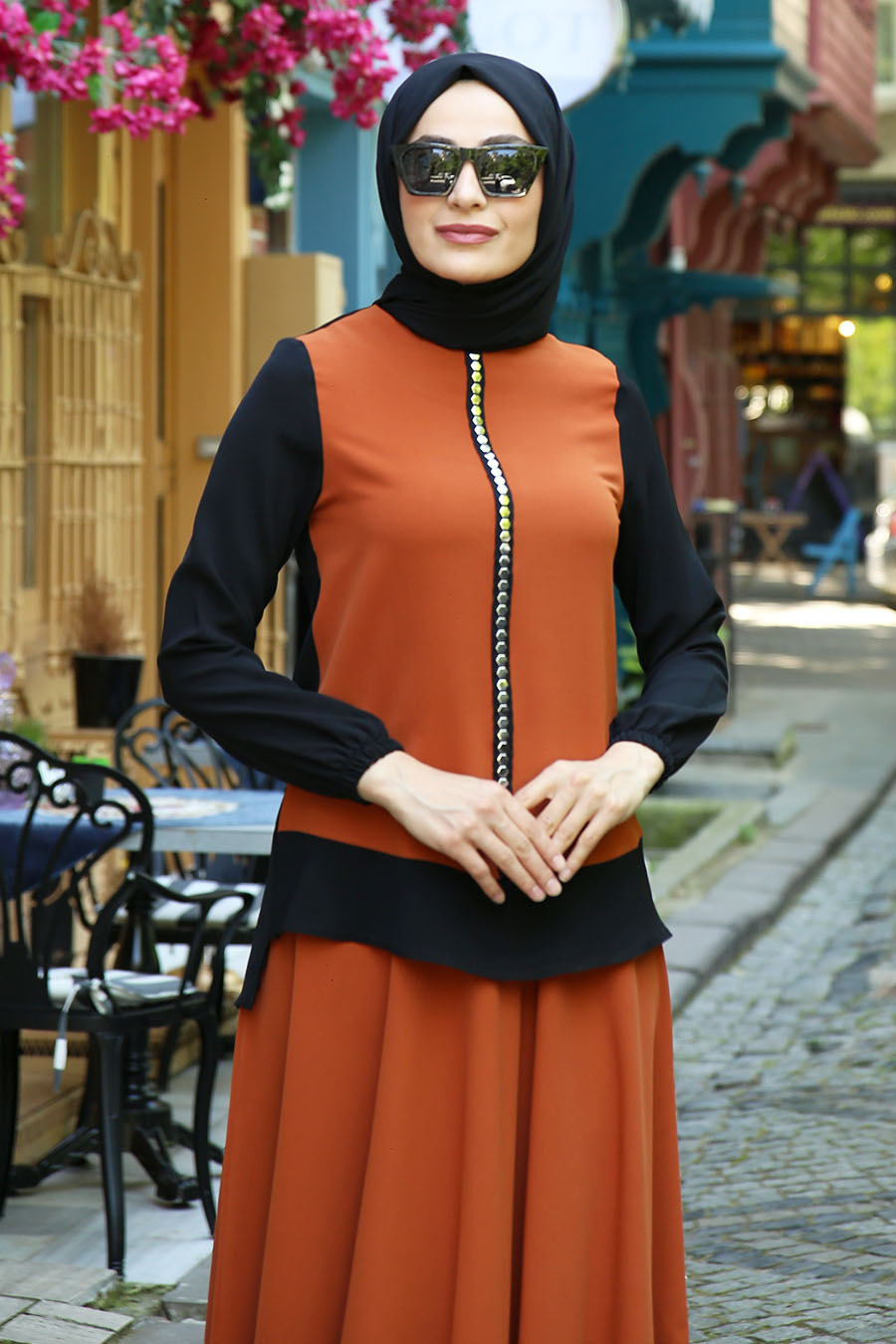 BRICK COLOR TUNIC AND SKIRT SUIT
