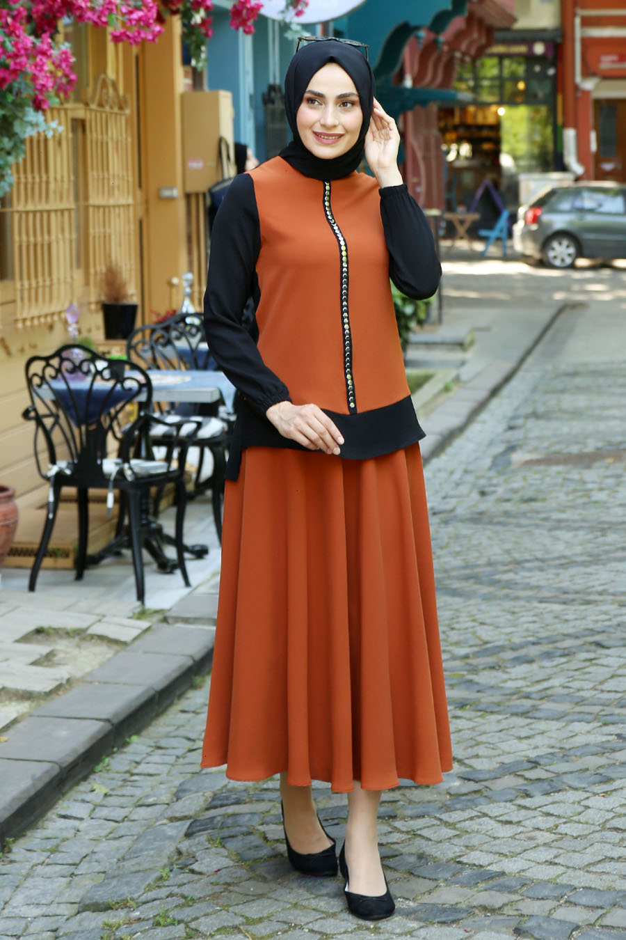 BRICK COLOR TUNIC AND SKIRT SUIT