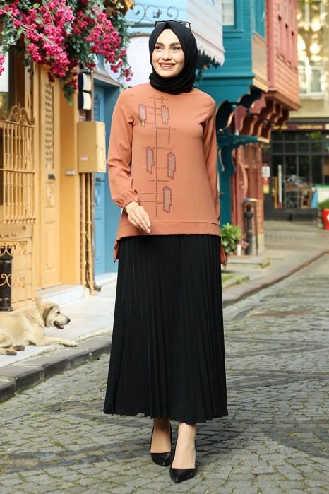 BRICK COLOR TUNIC AND SKIRT SUIT