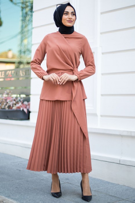 BRICK COLOR TUNIC AND SKIRT SUIT
