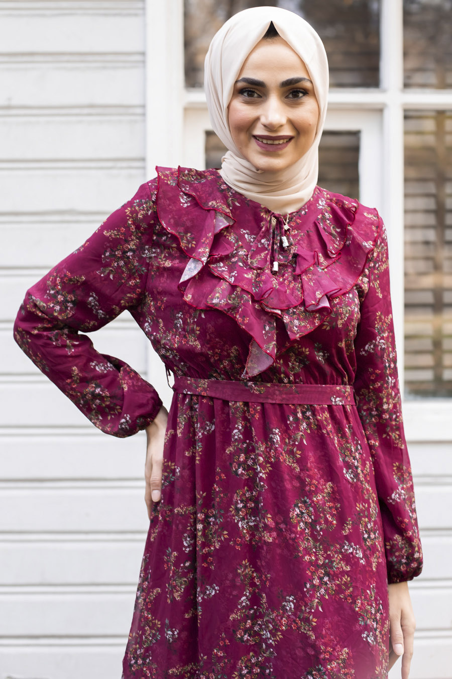 PATTERNED CLARET RED DRESS 