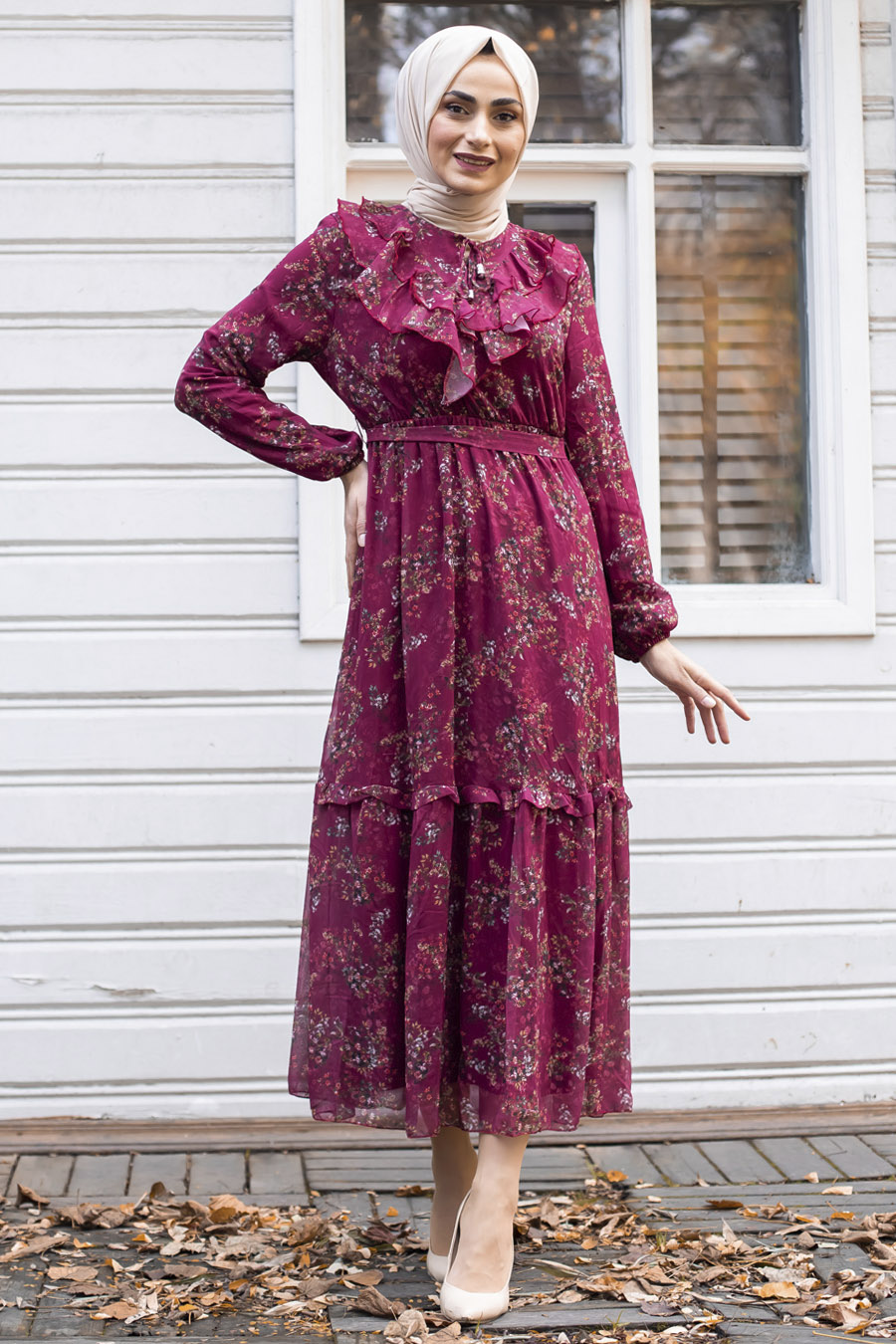 PATTERNED CLARET RED DRESS 