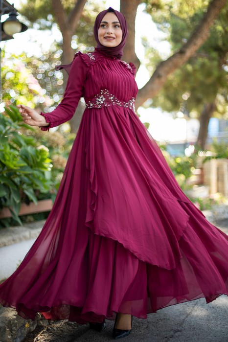 CLARET RED EVENING DRESS  