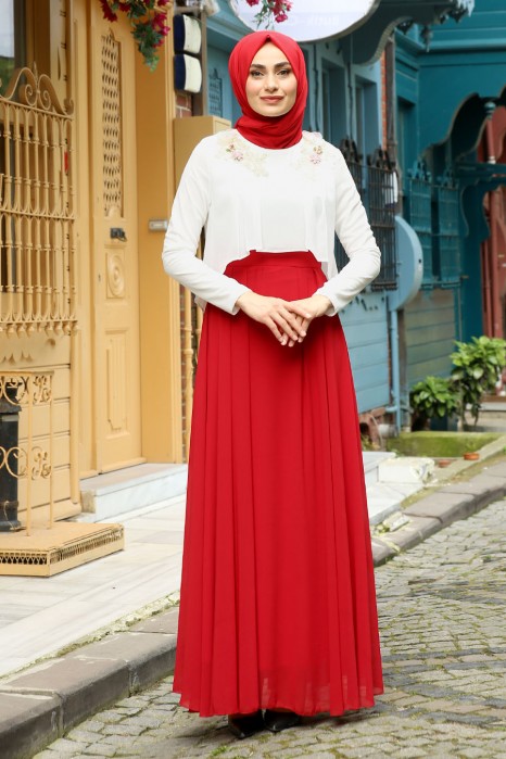 ECRU / RED EVENING DRESS  