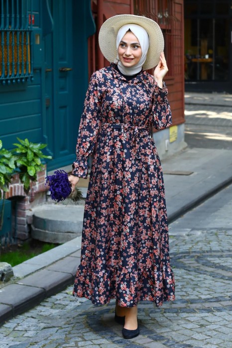 FLOWER PATTERNED BLACK DRESS