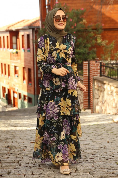 FLOWER PATTERNED DRESS - BLACK 