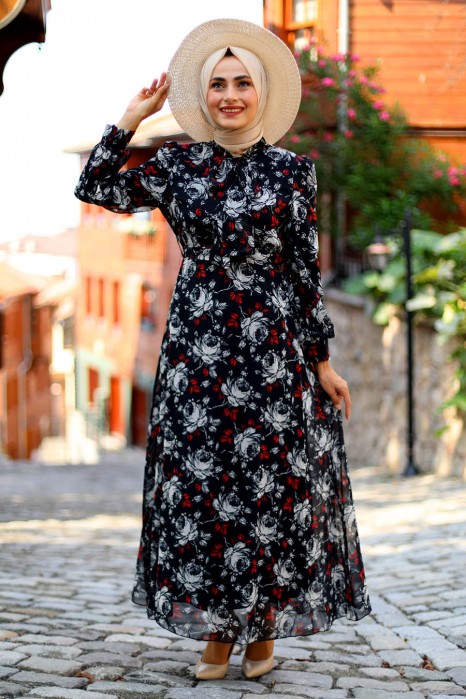 FLOWER PATTERNED BLACK DRESS 