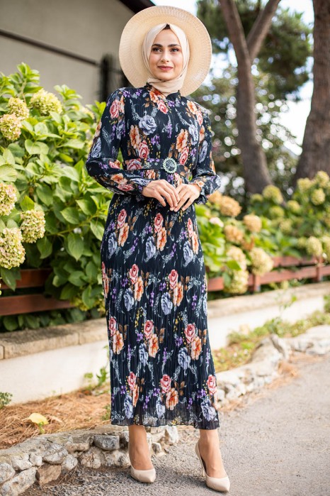 FLOWER PATTERNED BLACK DRESS 