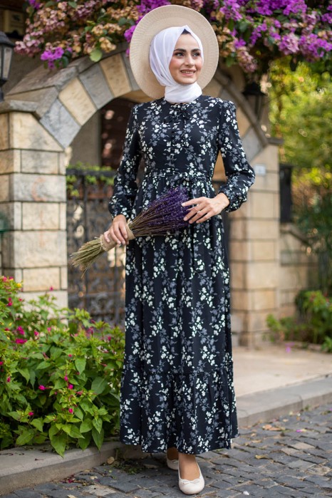 FLOWER PATTERNED BLACK DRESS 