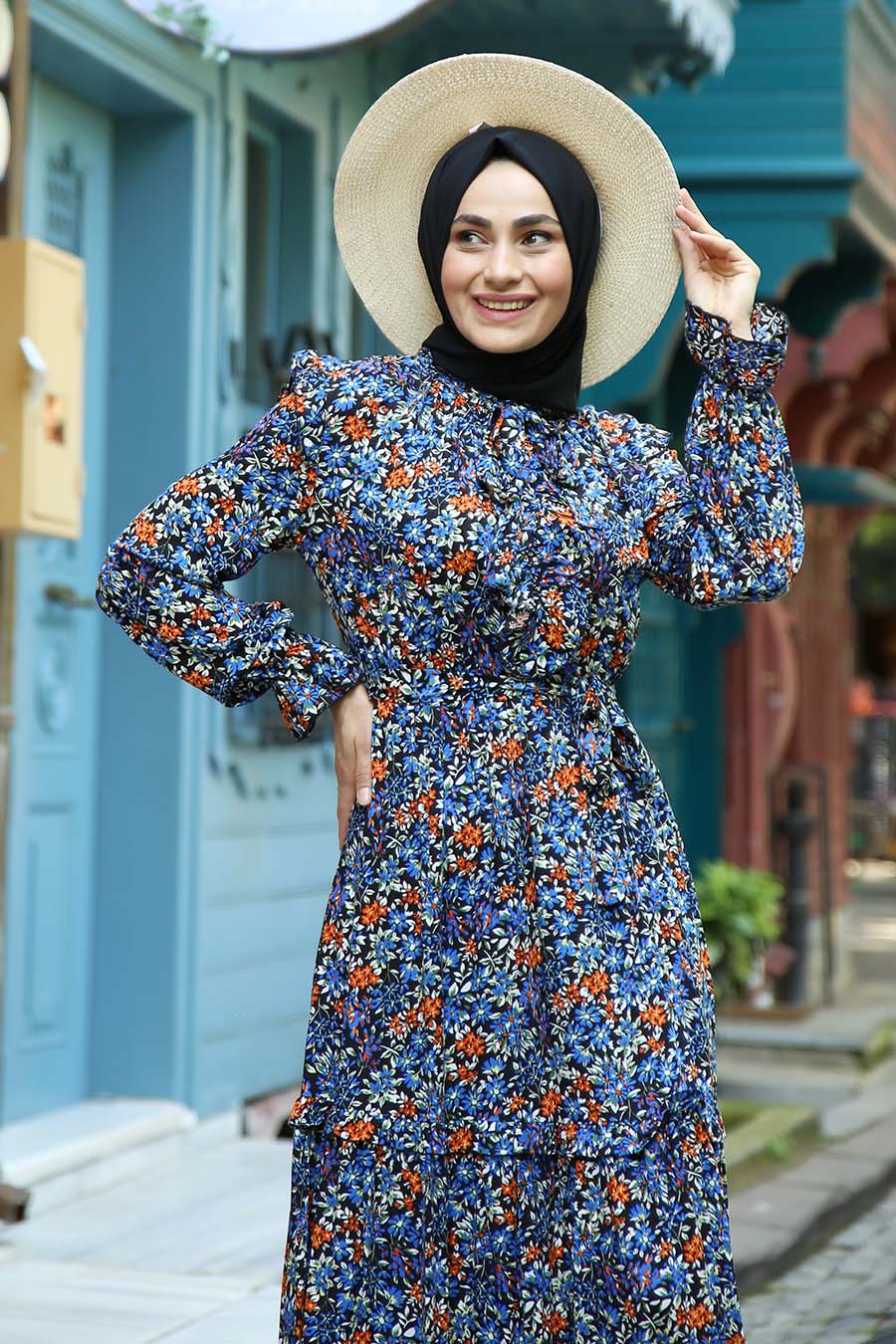 FLOWER PATTERNED BLUE DRESS