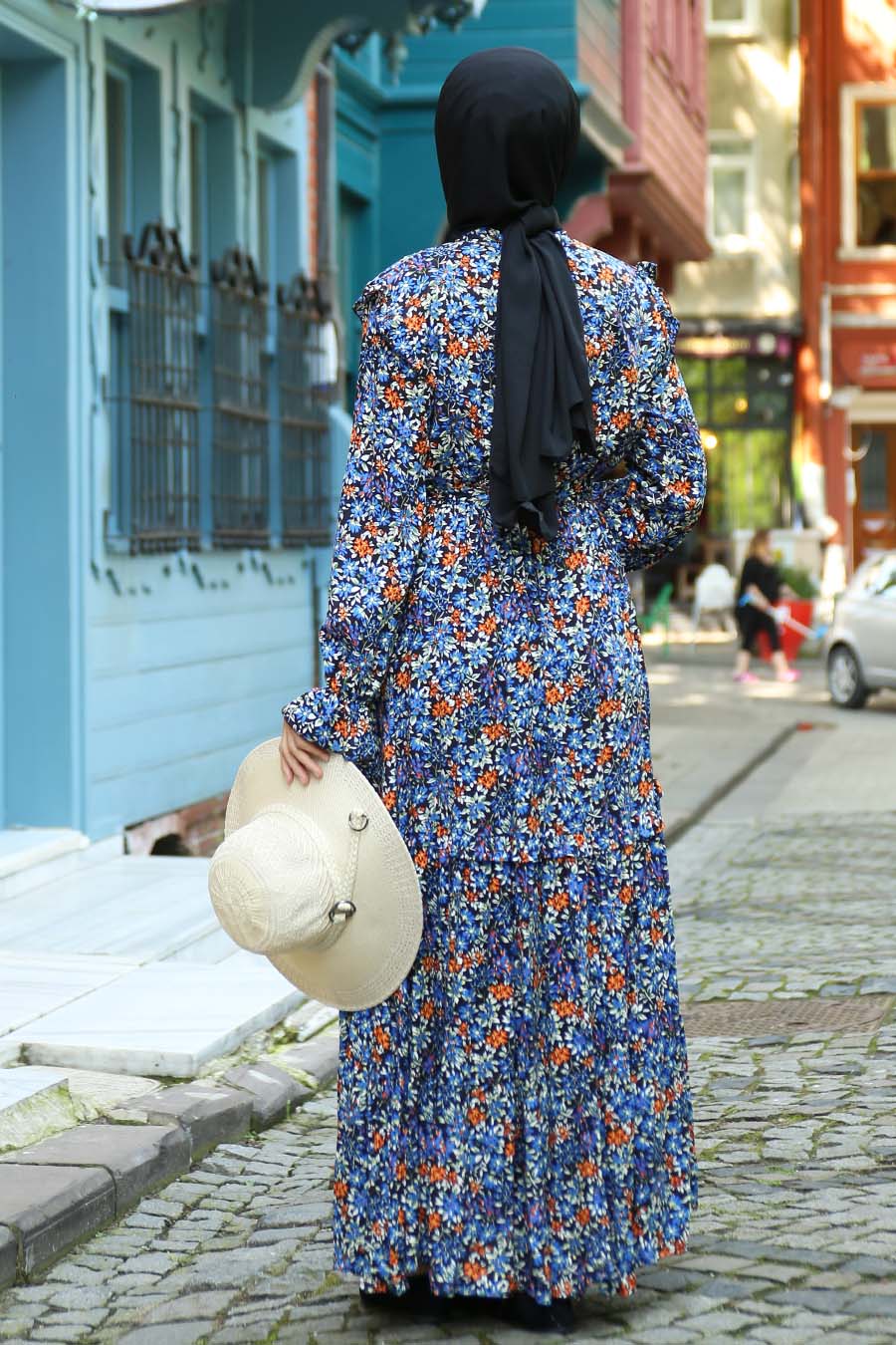 FLOWER PATTERNED BLUE DRESS