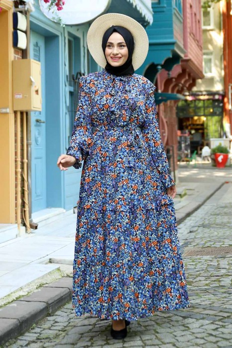 FLOWER PATTERNED BLUE DRESS