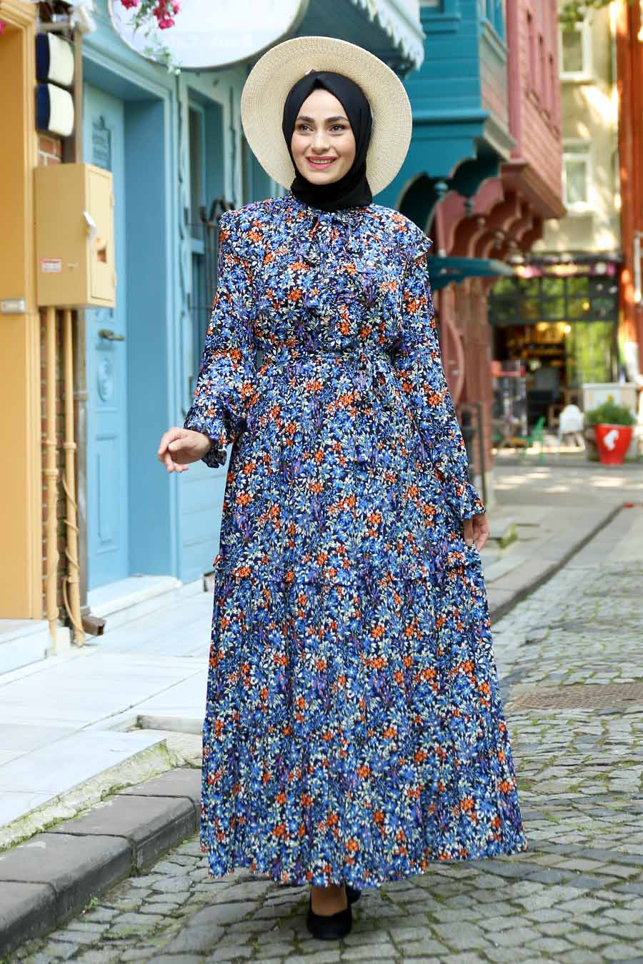 FLOWER PATTERNED BLUE DRESS