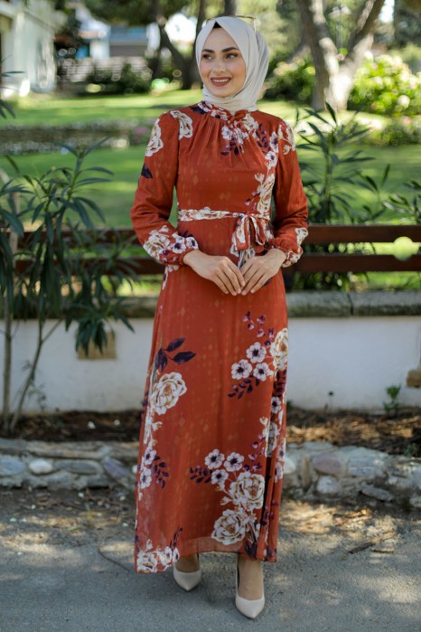 FLOWER PATTERNED BRICK COLOR DRESS 
