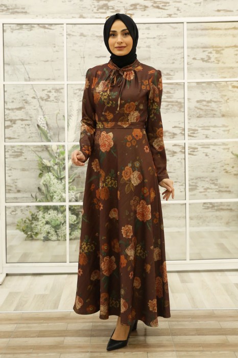 FLOWER PATTERNED BROWN DRESS 
