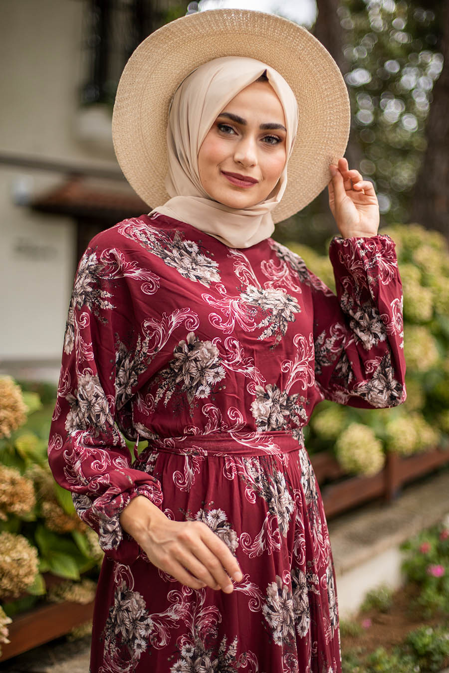 FLOWER PATTERNED CLARET RED DRESS 
