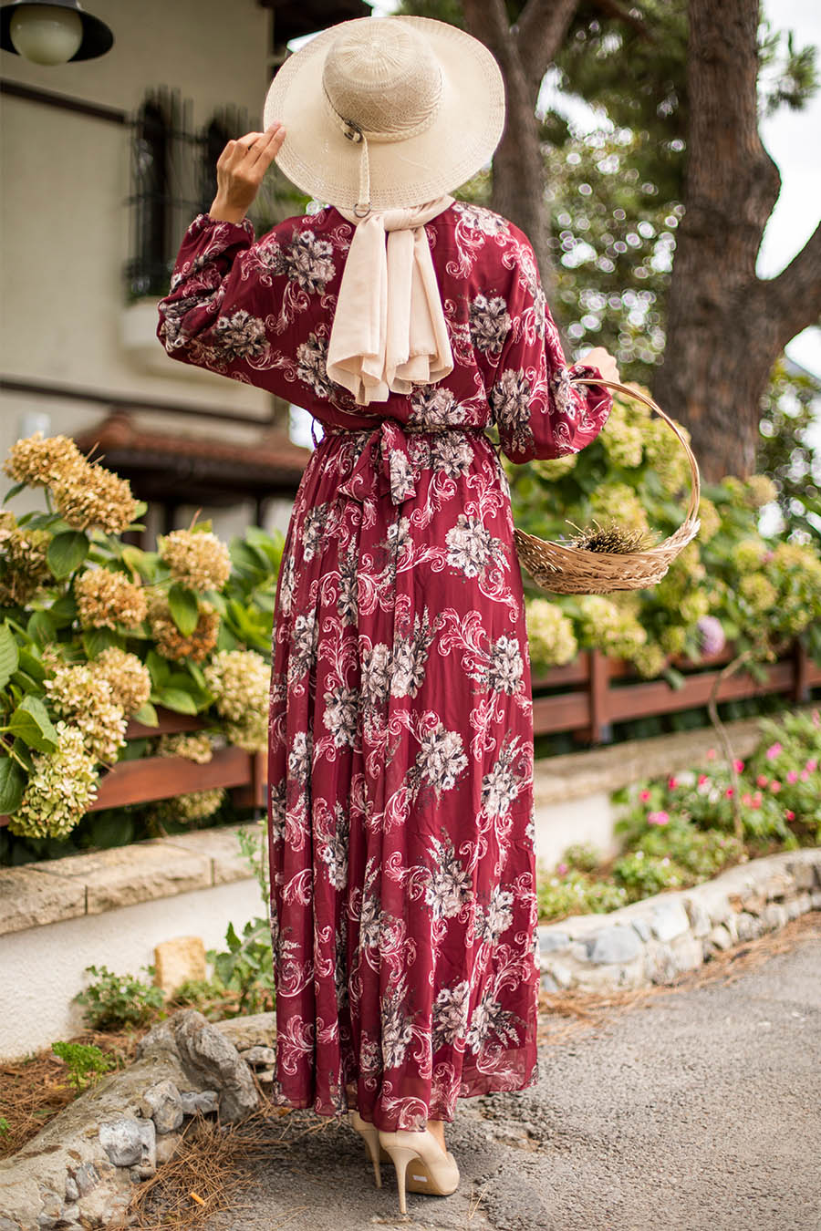 FLOWER PATTERNED CLARET RED DRESS 