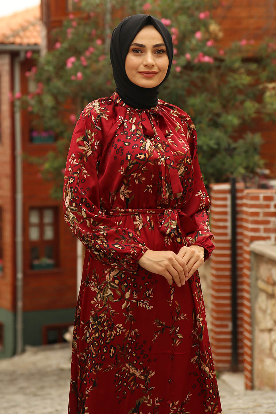 FLOWER PATTERNED DRESS - CLARET RED 