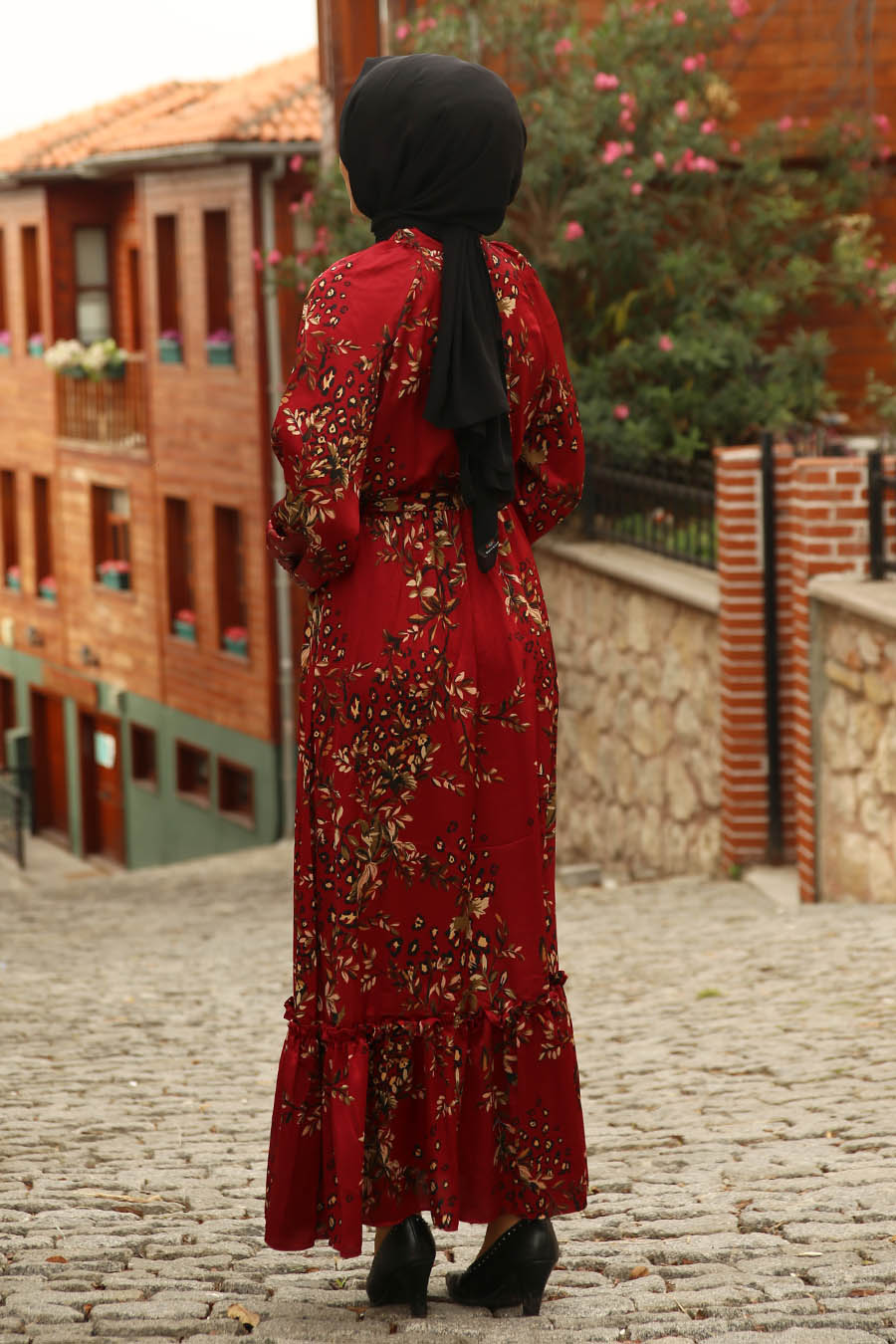 FLOWER PATTERNED DRESS - CLARET RED 