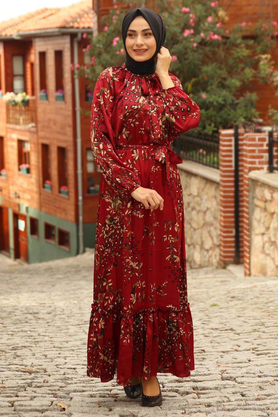 FLOWER PATTERNED DRESS - CLARET RED 
