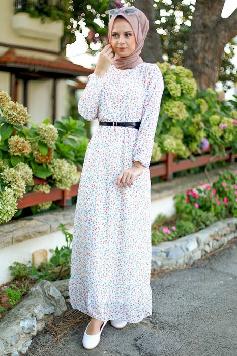 FLOWER PATTERNED ECRU DRESS 