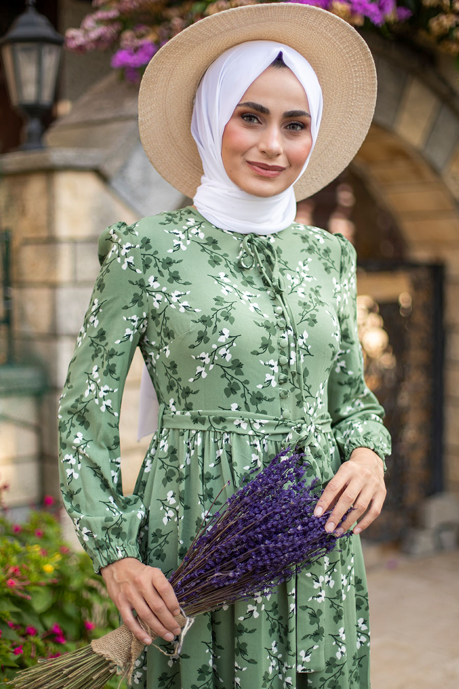 FLOWER PATTERNED GREEN DRESS