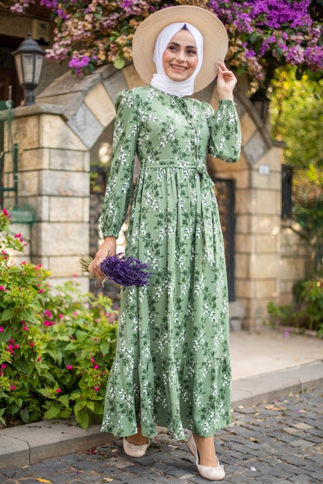 FLOWER PATTERNED GREEN DRESS