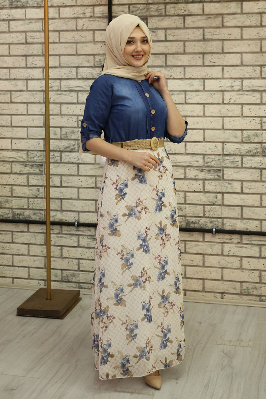 FLOWER PATTERNED INDIGO COLOR DRESS 