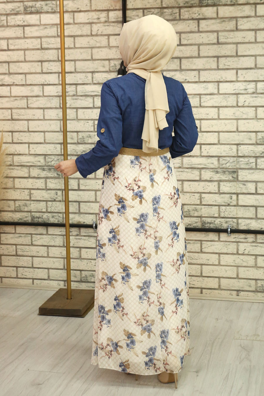 FLOWER PATTERNED INDIGO COLOR DRESS 