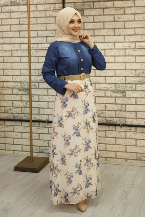 FLOWER PATTERNED INDIGO COLOR DRESS 