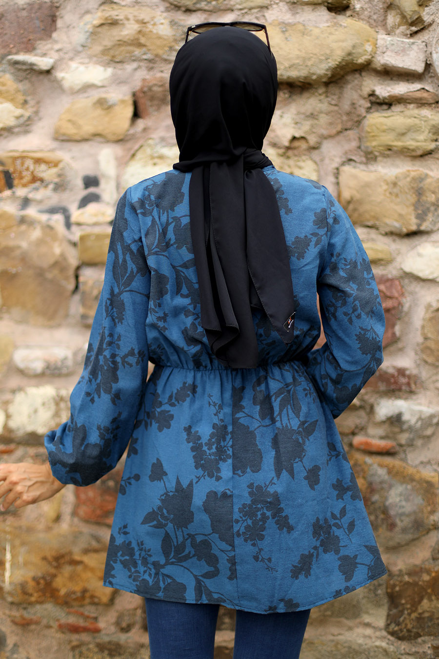 FLOWER PATTERNED INDIGO COLOR TUNIC  FLOWER PATTERNED INDIGO COLOR TUNIC