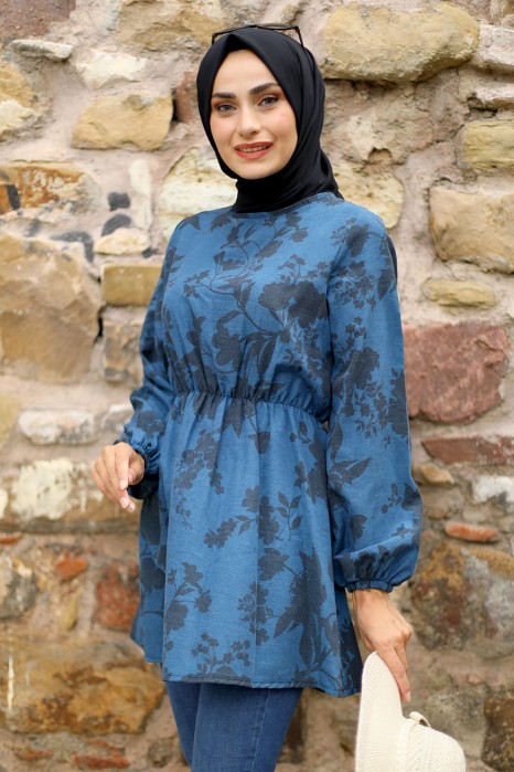 FLOWER PATTERNED INDIGO COLOR TUNIC 