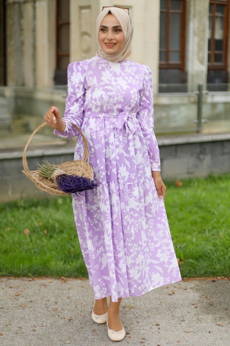 FLOWER PATTERNED LILA DRESS