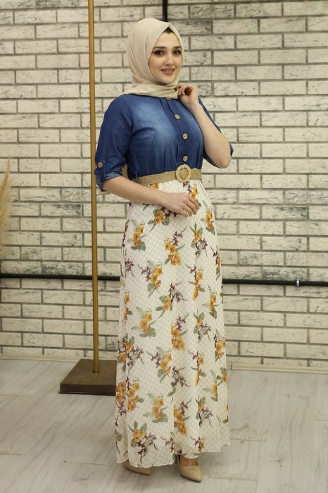 FLOWER PATTERNED MUSTARD DRESS 