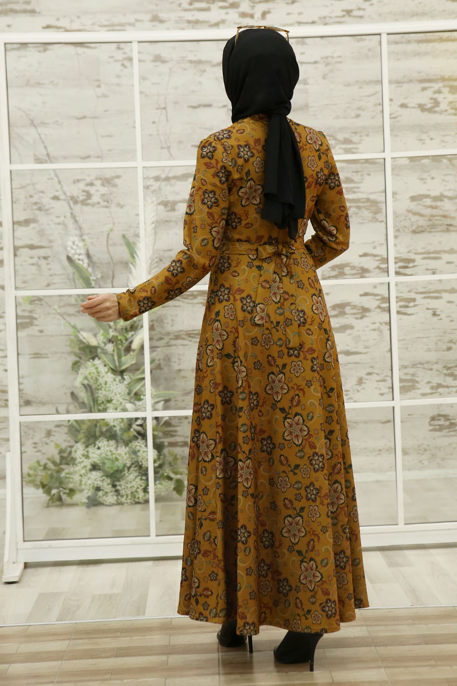 FLOWER PATTERNED MUSTARD DRESS 