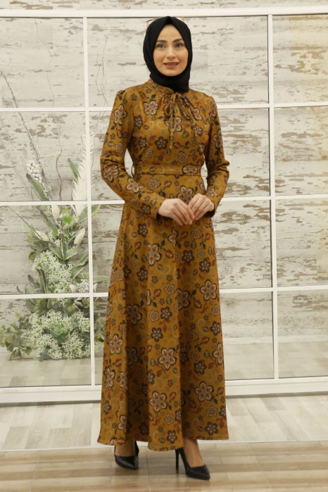 FLOWER PATTERNED MUSTARD DRESS 