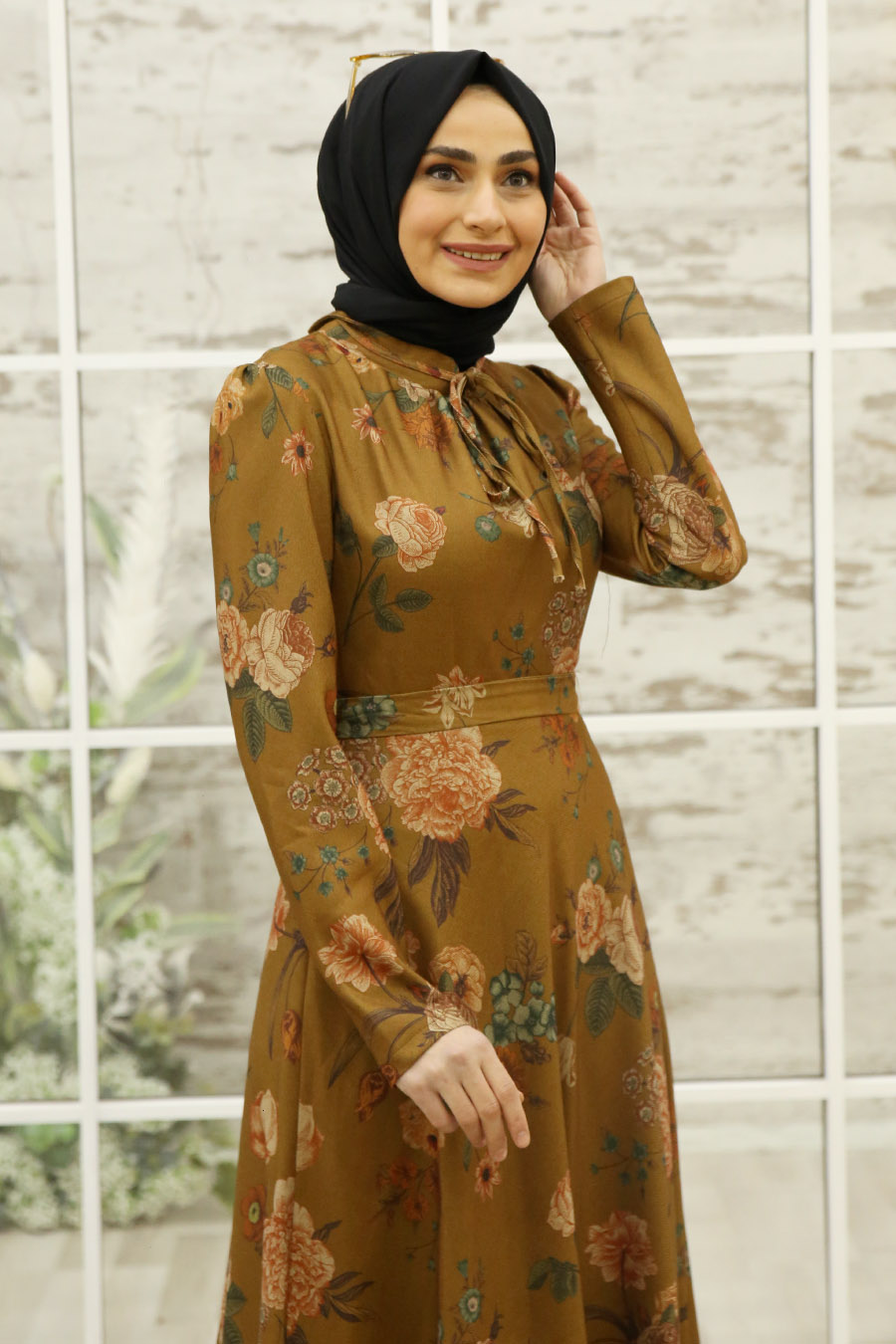 FLOWER PATTERNED MUSTARD DRESS 