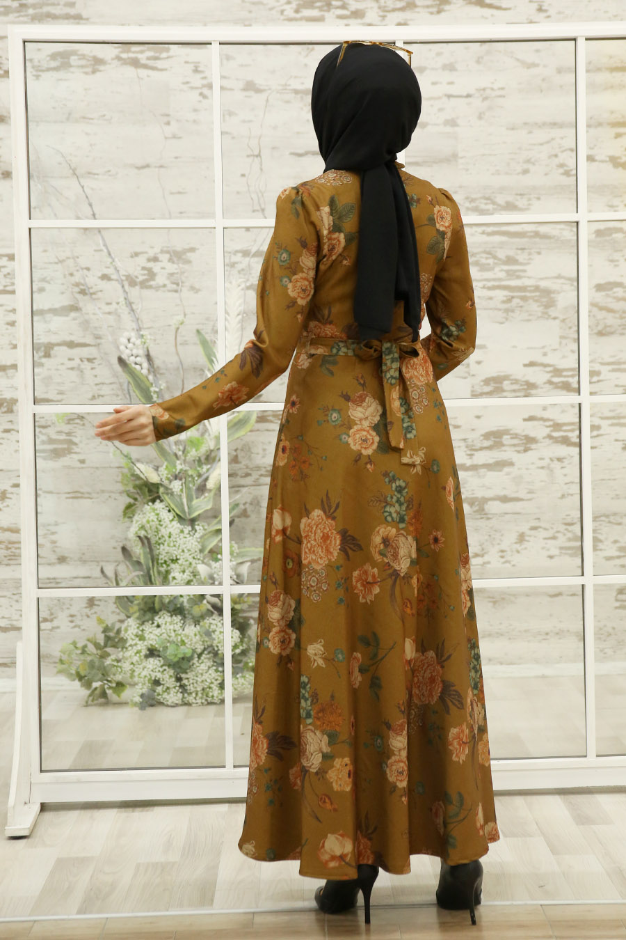 FLOWER PATTERNED MUSTARD DRESS 