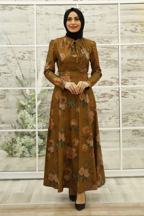 FLOWER PATTERNED MUSTARD DRESS 