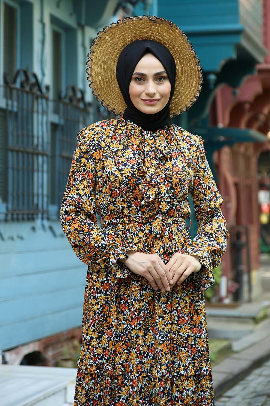 FLOWER PATTERNED MUSTARD DRESS