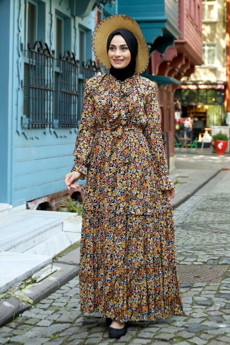 FLOWER PATTERNED MUSTARD DRESS