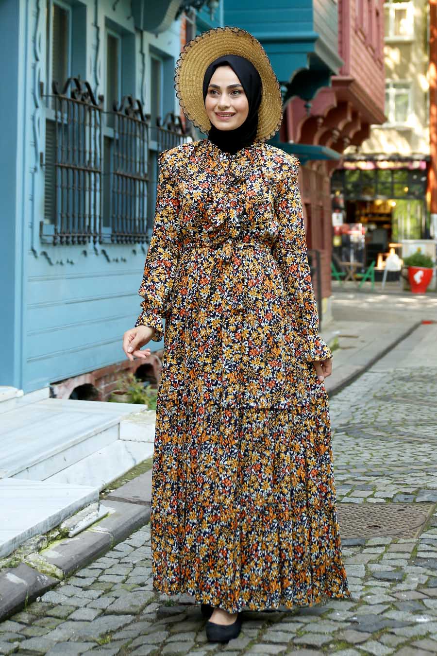 FLOWER PATTERNED MUSTARD DRESS
