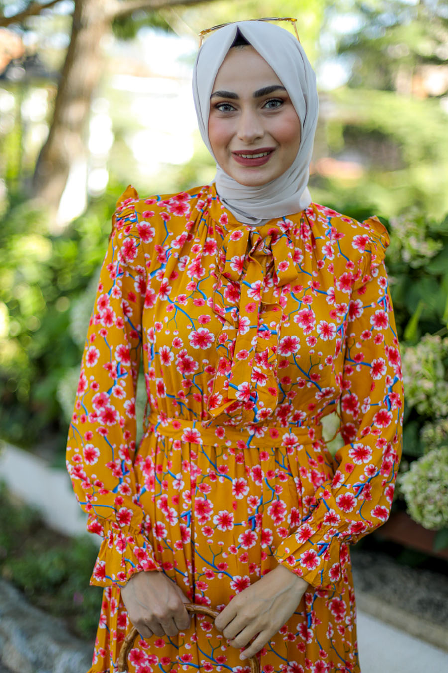 FLOWER PATTERNED MUSTARD DRESS