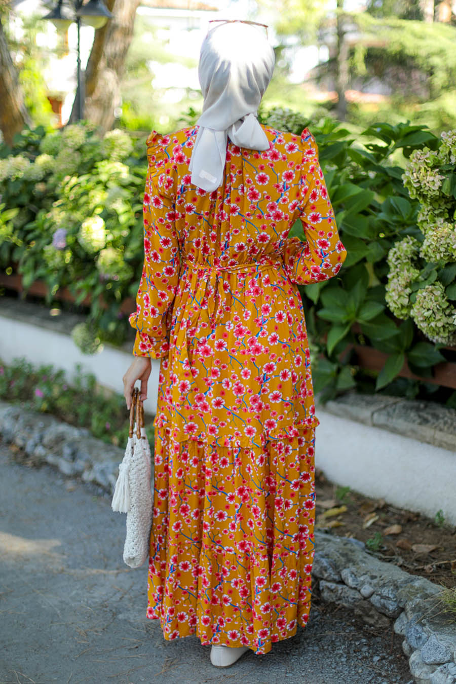 FLOWER PATTERNED MUSTARD DRESS