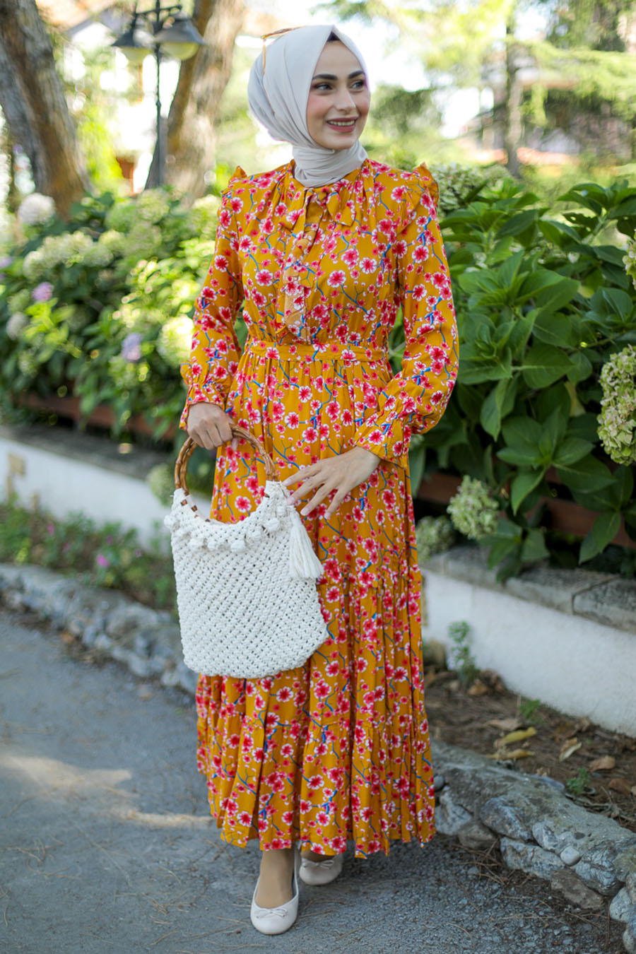 FLOWER PATTERNED MUSTARD DRESS
