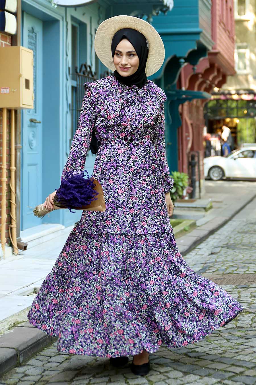 FLOWER PATTERNED PURPLE DRESS